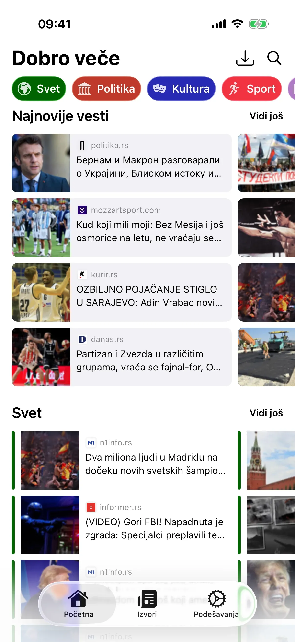 Početni ekran aplikacije sa najnovijim vestima